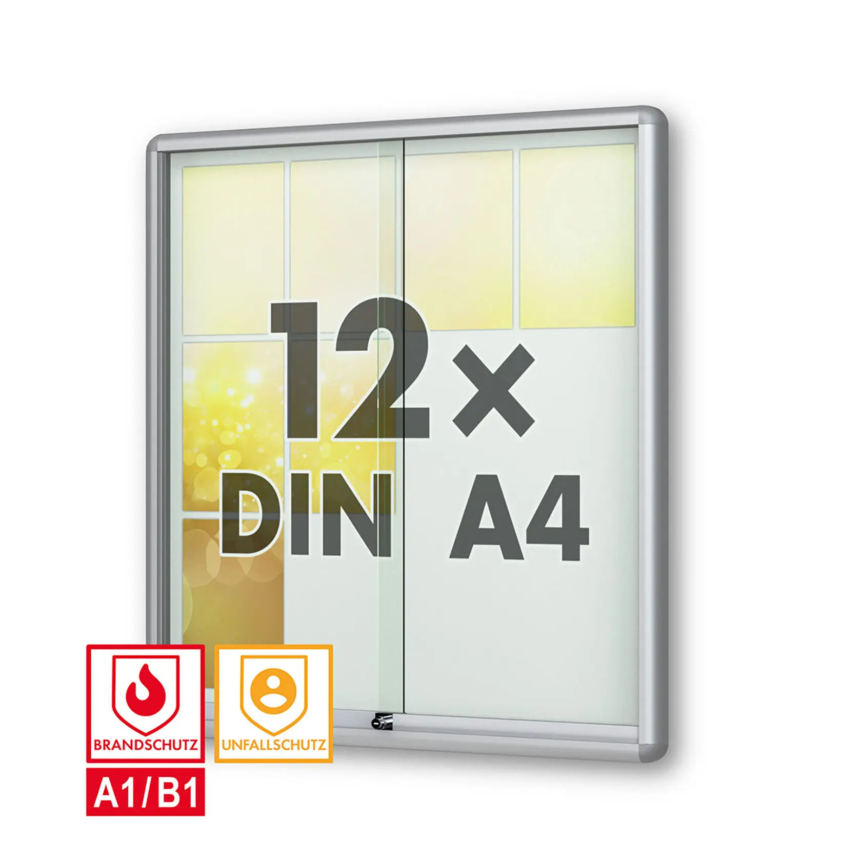 Schaukasten Moveo - die Schulvitrine - mit Brandschutzklasse A1 - Rollengelagerte Schiebetueren abschliessbar ESG-Sicherheitsglas